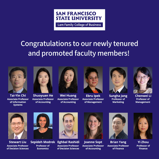 SFSU Lam Family College of Business 2025 Faculty Promotions - 12 faculty headshots