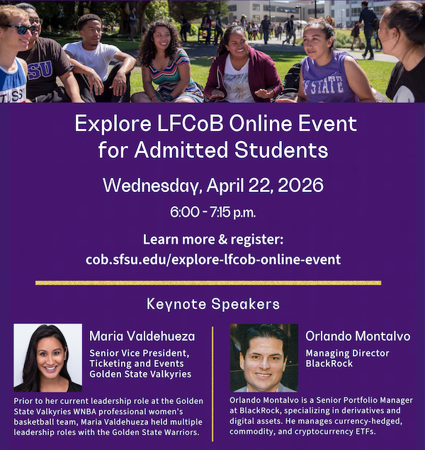 Flyer with group of students sitting outside and headshots for two alumni, one female and one male, with event details for the Explore LFCoB Online Event for Admitted Students, April 22, 2026